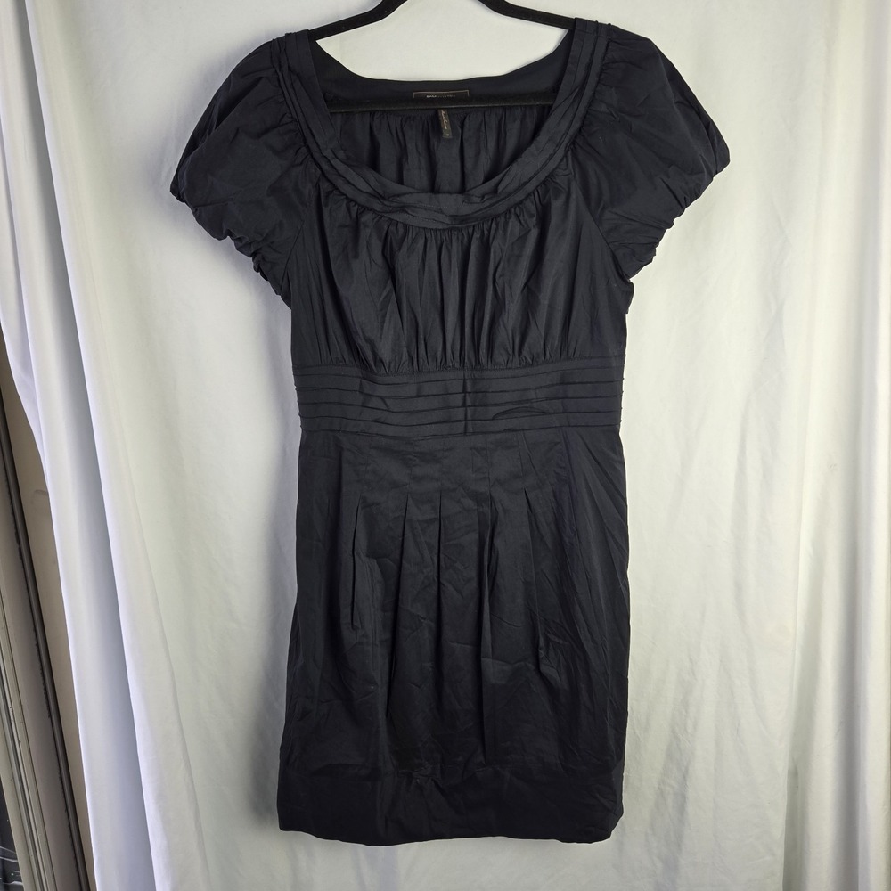 BCBG MAXAZRIA Navy 12 Pleated Poof Sleeves Dress Pockets Coquette Preppy Coastal